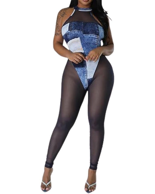 Women's Sexy Halter Colorblock Mesh Jumpsuit