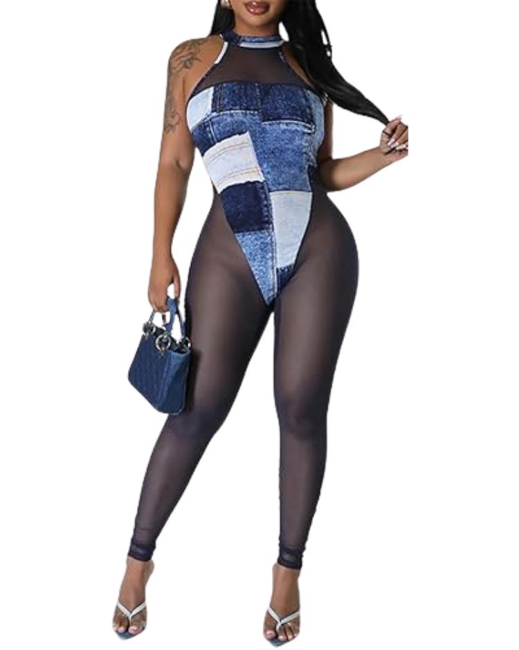 Women's Sexy Halter Colorblock Mesh Jumpsuit