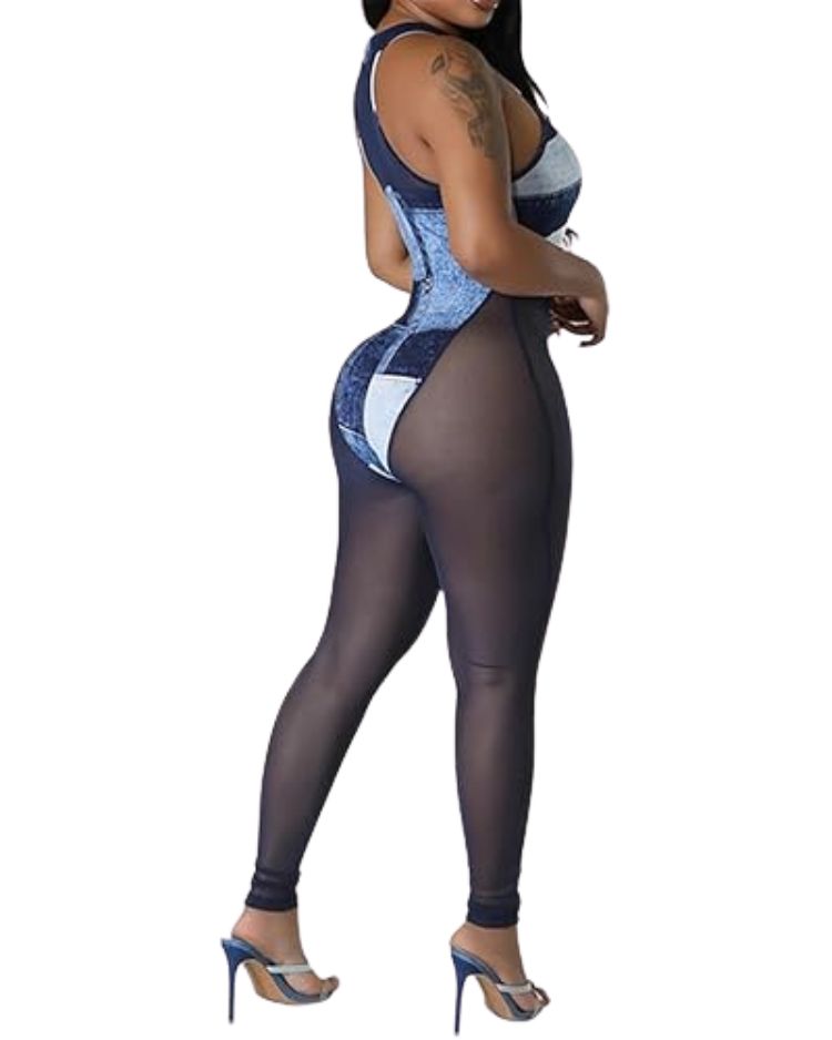 Women's Sexy Halter Colorblock Mesh Jumpsuit