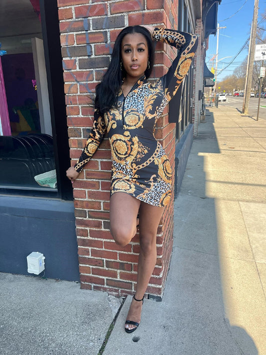 C-Nicole Outlet- Yellow-Black Dress, Designer Dress, Long Sleeve Dress, Mock Neck Dress, Bodycon Dress, Mini Dress, Half Mini Dress, Women's Fashion, Trendy Dress, Fashionable Attire