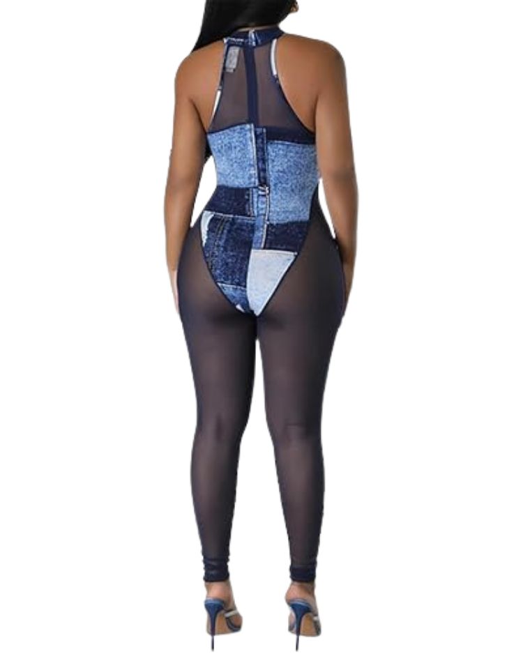 Women's Sexy Halter Colorblock Mesh Jumpsuit