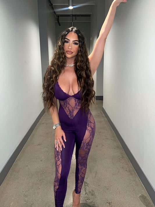 Lace Jumpsuit, Patchwork Jumpsuit, See Through Jumpsuit, Backless Jumpsuit, Women's Fashion, Sexy Jumpsuit, Trendy Jumpsuit, Nightclub Outfit, Evening Wear, Fashionable Jumpsuit