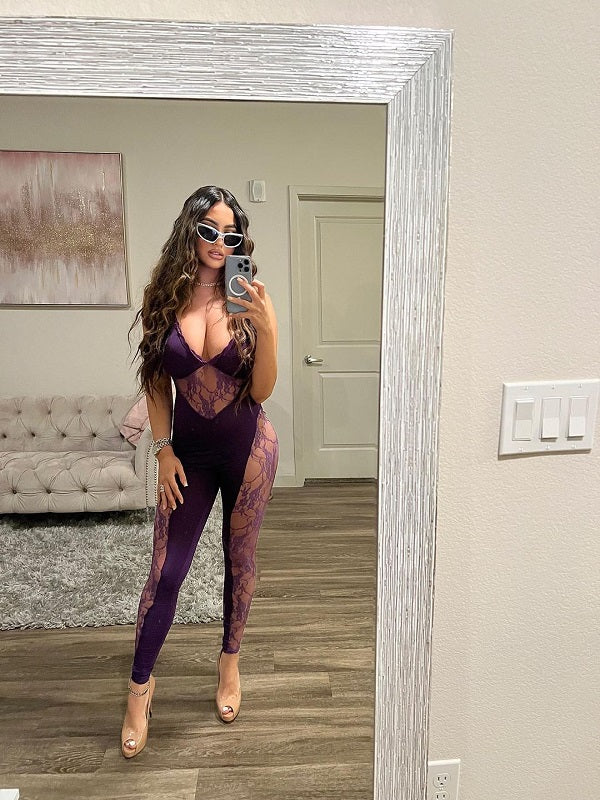 Lace Jumpsuit, Patchwork Jumpsuit, See Through Jumpsuit, Backless Jumpsuit, Women's Fashion, Sexy Jumpsuit, Trendy Jumpsuit, Nightclub Outfit, Evening Wear, Fashionable Jumpsuit