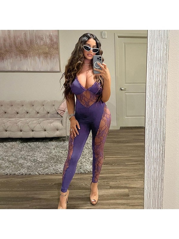 Lace Jumpsuit, Patchwork Jumpsuit, See Through Jumpsuit, Backless Jumpsuit, Women's Fashion, Sexy Jumpsuit, Trendy Jumpsuit, Nightclub Outfit, Evening Wear, Fashionable Jumpsuit
