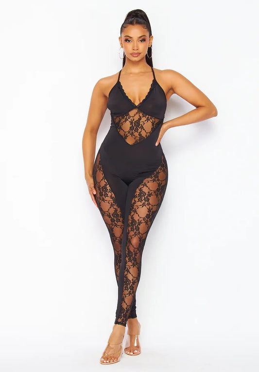 Lace Patchwork See Through Backless Jumpsuits