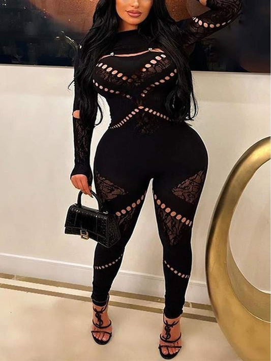 Mesh Jumpsuit, Keyhole Jumpsuit, Bodycon Jumpsuit, Women's Fashion, Sleek Jumpsuit, Trendy Outfit, Nightclub Wear, Evening Attire, Sexy Jumpsuit, Fashionable Apparel